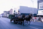 Two Horses Pulling a Wagon in a Parade