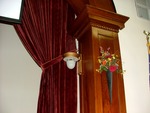 Curtain, Woodwork and Light Fixture in the First Christian Church