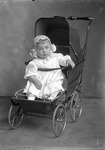 Box 12, Neg. No. 6582-1: Baby Wearing a Bonnet in a Stroller by William R. Gray