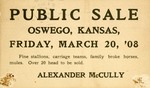 Postcard: Public Sale Oswego, Kansas, Friday, March 20, '08