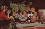 Postcard: Two Men Working on Pottery and a Woman is Holding a Camera