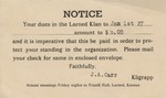 Postcard: Notice of Dues Due to the Larned Klan