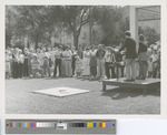 Large Crowd Watching the Time Capsule Ceremony Outside in Front of Forsyth Library in the 1970s.